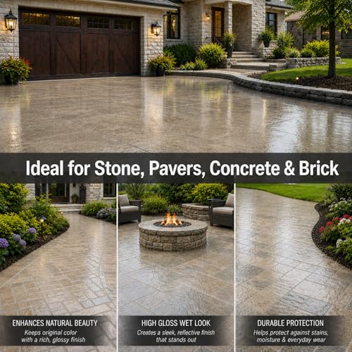 Wet Look Natural Stone Sealer. Durable, Long-Lasting Gloss Protection. Interior and Exterior Pavers, Slate, Sandstone, Travertine, Flagstone, Driveways, Garage Floors, etc. Black Diamond Stoneworks - style: 4-Gallons