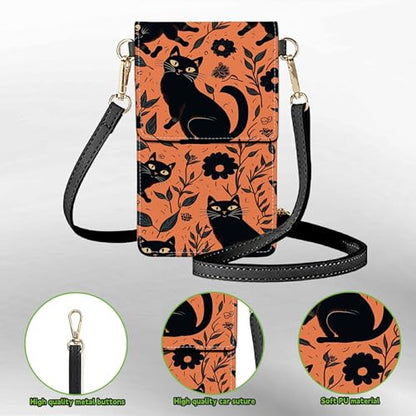 Small Crossbody Bags with Adjustable Shoulder Strap - color: Black Cat and Flowers
