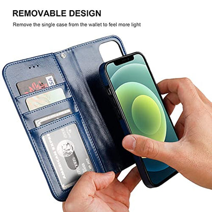 Bocasal Compatible with iPhone 12 & iPhone 12 Pro Wallet Case with Card Holder PU Leather Magnetic Detachable Kickstand Shockproof Wrist Strap Removable Flip Cover 6.1 inch (Blue) | Kickstand Card Slots Holder PU Leather Magnetic Shockproof Wrist Strap Re