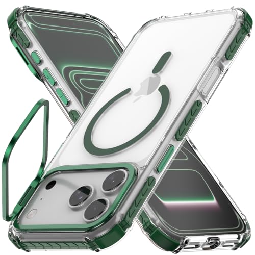 Nvollnoe for iPhone 17 Pro Max Case Compatible with MagSafe Military Grade Shockproof Heavy Duty Protective Adjustable Kickstand Ultra Clear Magnetic Phone Case for iPhone 17 Pro Max(Green) - color: Clear-Green, size: For Iphone 17 Pro Max-6.9"(3 Lens)
