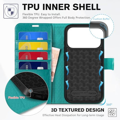 TUCCH Wallet Case for iPhone 17 Pro (6.3") 2025, 4 Card Slots, Cyan | RFID Blocking, Viewing Stand, Shockproof TPU Shell, PU Leather, Magnetic Closure, Protective Folio Flip Cover - color: Textured Cyan