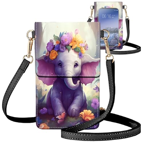 for Women Cell Phone Purse,with Touchscreen Cell Phone Purse,PU Leather Shoulder Bag Waterproof Phone Wallet Case with Clear Touch Screen Window up to 6.7 inch Smartphone, - color: Cute Elephant and Flowers-238