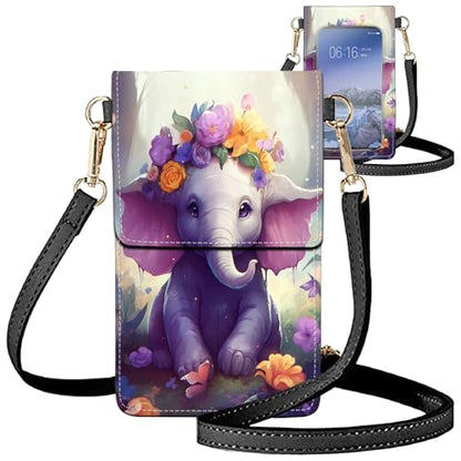 for Women Cell Phone Purse,with Touchscreen Cell Phone Purse,PU Leather Shoulder Bag Waterproof Phone Wallet Case with Clear Touch Screen Window up to 6.7 inch Smartphone, - color: Cute Elephant and Flowers-238