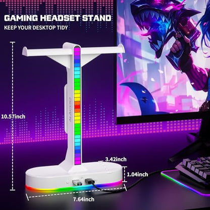 Dual Headphones Stand with Charger for Men, Headset Holder Stand for Desk - color: White