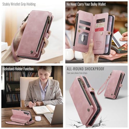 Defencase for Samsung Galaxy S25 Wallet Case with RFID Card Holder, Pink | Durable Soft PU Leather, with Zipper Pocket, Wrist Strap, Fashion Snap Flip S25 Phone Cases Cover with Stand for Women Men - color: Airy Rose Pink