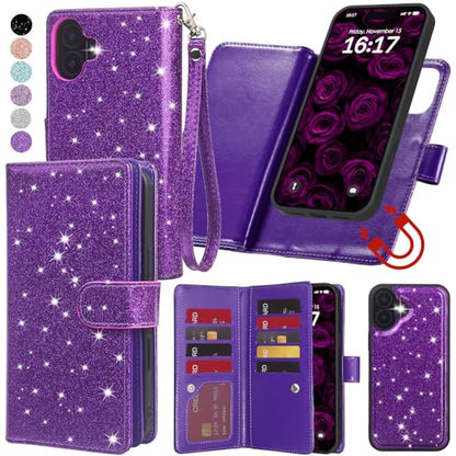 Varikke for iPhone 16 Glitter Case Wallet Magnetic Detachable, Deep Purple - color: (Standard) Dark Purple, size: iPhone 16 6.1"