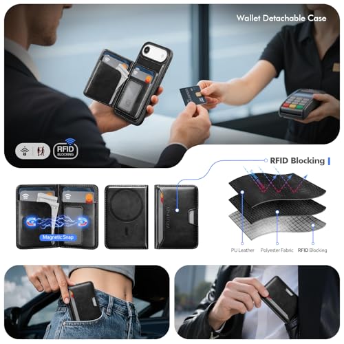 Antsturdy Compatible with MagSafe iPhone 17 Air Wallet Case,Black | 2 in 1 Detachable Magnetic,Credit Card Holder Slots,RFID Blocking,PU Leather,Kickstand,Flip Folio Phone Cover for Men & Women - color: Black, size: iPhone 17 Air - 6.5"