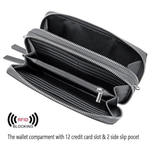 RFID Crossbody Wallet Wristlet Purse with Phone Pocket For Women Vegan Leather - color: B-retrro Grey