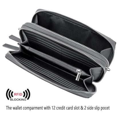 RFID Crossbody Wallet Wristlet Purse with Phone Pocket For Women Vegan Leather - color: B-retrro Grey