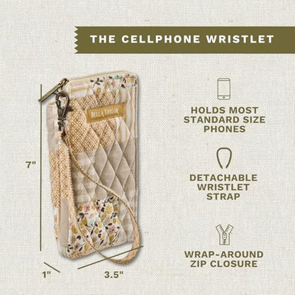Bella Taylor Cell Phone Wristlet, Quilted Phone Wallet for Women | Lightweight, RFID blocking, phone pocket, built-in wallet, card organizer, coin pocket, secure zipper, quality construction - color: Prairie Meadow Patch