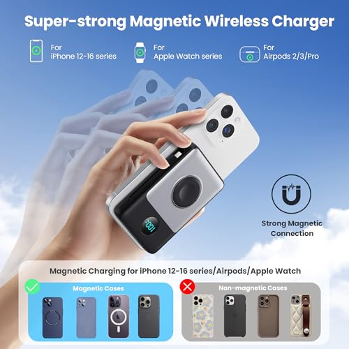 Magnetic Portable Charger for iPhone 18/17/16,10800mAh Power Bank with Built-in Cables & LCD Display,25W PD Fast Charging Battery Pack for iPhone 18 Pro/18 Pro Max/17/16/15/14/13/12 Series,Apple Watch