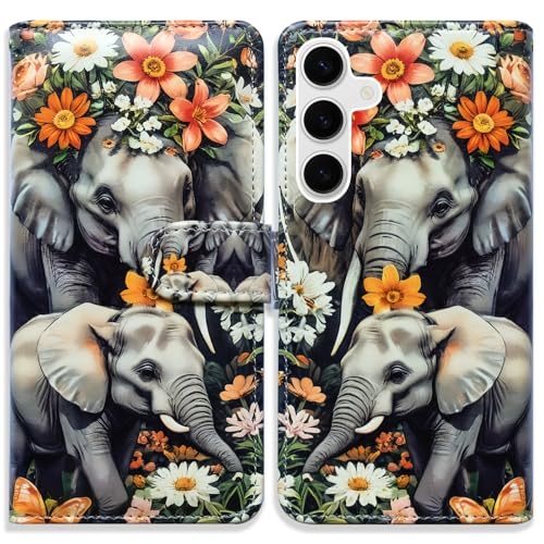 Bcov Case for Galaxy S25 FE,Elephant Mother Baby Flowers Leather Flip Phone Case Wallet Cover with Card Slot Holder Kickstand for Samsung Galaxy S25 FE - color: Elephant Mother Baby Flowers