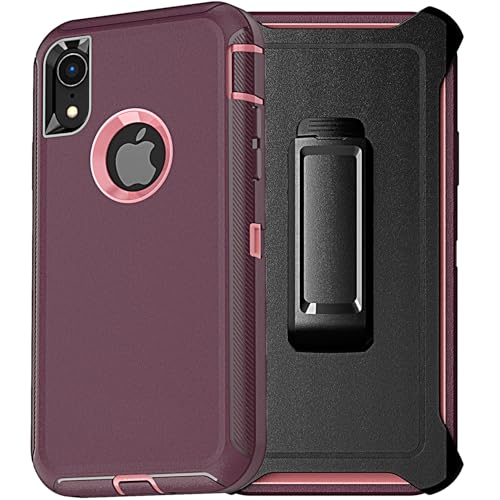 YmhxcY for iPhone XR Case, 3-Layer Full Body Protection Shockproof Drop-Proof Heavy Duty Phone Case with Belt Clip Kickstand for iPhone XR 6.1"-Wine/Pink - color: BJ-Wine/Pink