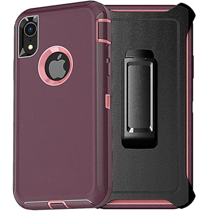 YmhxcY for iPhone XR Case, 3-Layer Full Body Protection Shockproof Drop-Proof Heavy Duty Phone Case with Belt Clip Kickstand for iPhone XR 6.1"-Wine/Pink - color: BJ-Wine/Pink