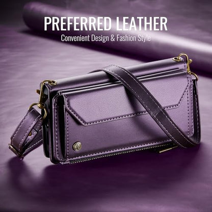 Strapurs Crossbody Wallet Case Compatible with Samsung Galaxy Z Fold 6 with RFID Blocking Card Holder & Pen Holder Slot Soft PU Leather Shoulder Strap Zipper Pocket Purse Fold 6 Phone Case, Purple | RFID Blocking 5-Card Holder, Shoulder Lanyard, Wirst Str