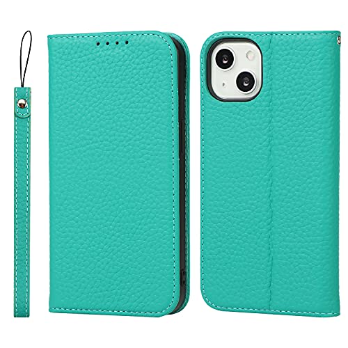 iCoverCase Compatible with iPhone 13 Wallet Case with Credit Card Holder and Wrist Strap, RFID Blocking Genuine Leather Flip Magnetic Phone Cover 6.1 Inch (Blue-Green) - color: 1-Blue-Green (No Headphone Storage Belt), size: iPhone 13