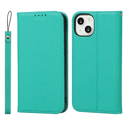 iCoverCase Compatible with iPhone 13 Wallet Case with Credit Card Holder and Wrist Strap, RFID Blocking Genuine Leather Flip Magnetic Phone Cover 6.1 Inch (Blue-Green) - color: 1-Blue-Green (No Headphone Storage Belt), size: iPhone 13