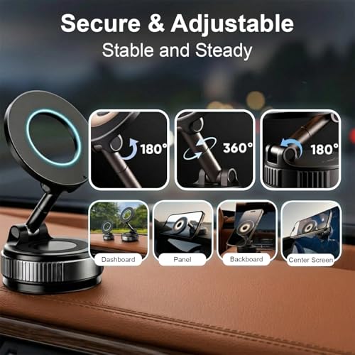 Vacuum Magnetic Car Phone Holder for MagSafe – 360° Adjustable Suction Cup Mount for Car, Gym & Mirror | Hands-Free Use | Compatible with iPhone & Android (Black)