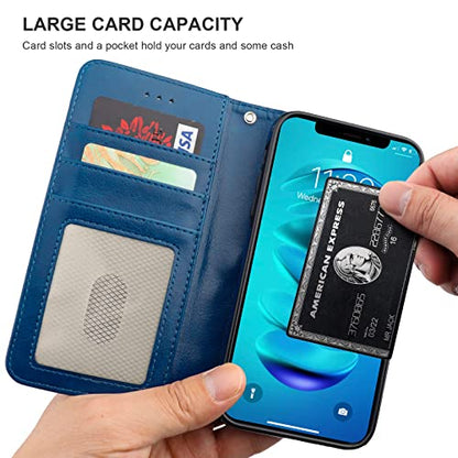 Bocasal Detachable Wallet Case Card Holder for iPhone 14 Plus, Blue | RFID Blocking Kickstand Card Slots Holder PU Leather Magnetic Shockproof Wrist Strap Removable Flip Protective Cover 6.7 inch - color: Blue