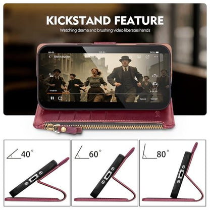Compatible with iPhone 13 Pro Wallet Case with Card Holder RFID Blocking Zipper Poket PU Leather Flip Phone Case with Wrist Strap Credit Card Slots Men Women,for Apple 13 Pro 6.1",Wine Red - color: Wine Red, size: iPhone 13 Pro - 6.1