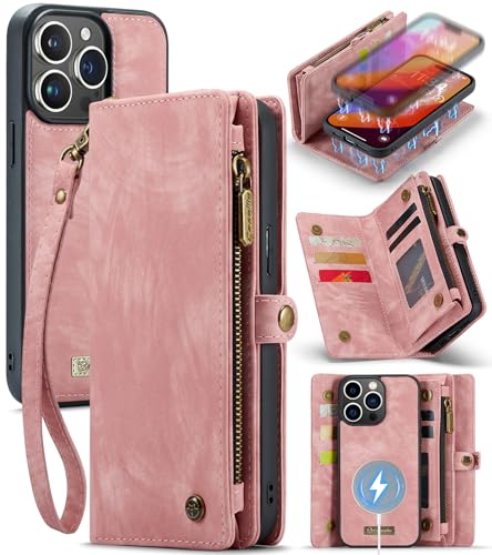 Compatible with iPhone 15 Pro Wallet Case with Magsafe, Pink | Magnetic Detachable Case,Card Holder,Zipper Pocket,Strap Wristlet, Soft Leather Drop-Proof Phone Case for iPhone 15 Pro - color: Pink, size: iPhone 15 Pro 6.1"