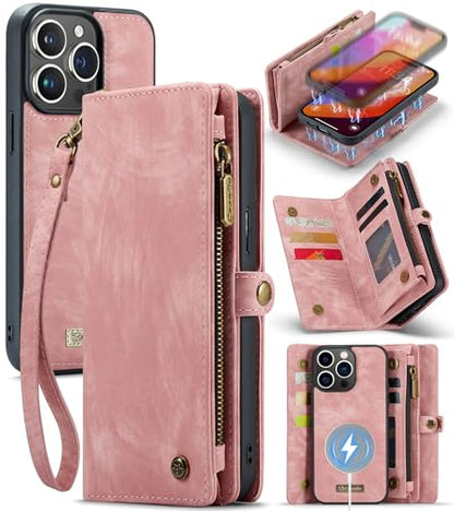 Compatible with iPhone 15 Pro Wallet Case with Magsafe, Pink | Magnetic Detachable Case,Card Holder,Zipper Pocket,Strap Wristlet, Soft Leather Drop-Proof Phone Case for iPhone 15 Pro - color: Pink, size: iPhone 15 Pro 6.1"