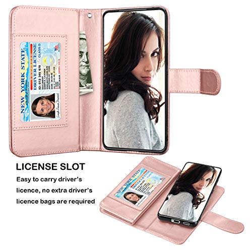 Njjex Wallet Case for Samsung Galaxy S21 5G, For Galaxy S21 Case, [9 Card Slots] PU Leather ID Credit Holder Folio Flip [Detachable] Kickstand Magnetic Phone Cover & Lanyard for Samsung S21 [RoseGold] - color: Rose Gold