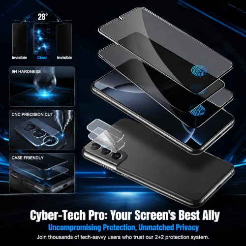 (2+2Pack) Galaxy S22 Privacy Screen Protector Tempered Glass, with 2 Pack Camera Lens Protector, 9H Hardness 2D Curved Full Coverage Bubble Free Support Fingerprint, for Galaxy S22 5G 6.1 Inch