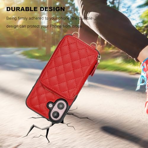 Bocasal Crossbody Wallet Case Card Holder for iPhone 16, Red | RFID Blocking PU Leather Zipper Handbag Purse, Kickstand Flip Folio Case with Card Slots Holder Wrist Strap Lanyard 6.1 Inch - color: Red