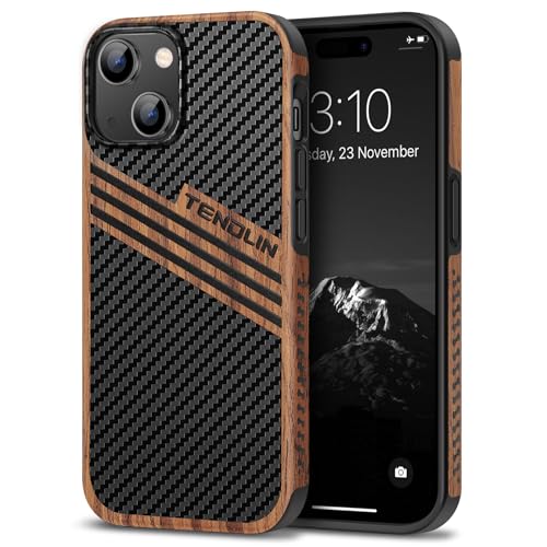 TENDLIN Compatible with iPhone 15 Case Wood Grain with Carbon Fiber Texture Design Leather Hybrid Slim Case (Three Stripe) - color: Three Stripe, size: iPhone 15