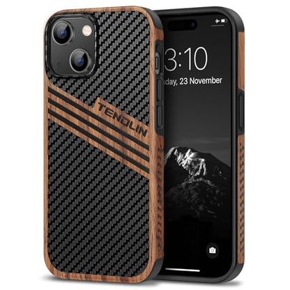 TENDLIN Compatible with iPhone 15 Case Wood Grain with Carbon Fiber Texture Design Leather Hybrid Slim Case (Three Stripe) - color: Three Stripe, size: iPhone 15