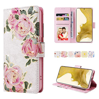 UEEBAI Wallet Case for Samsung Galaxy S23 5G, PU Leather Phone Case Kickstand RFID Blocking Flip Case Card Slots Wrist Strap Relief Engraved Pattern Magnetic Closure Flower Folio Case, White Rose - color: White Rose, size: Samsung Galaxy S23 5G