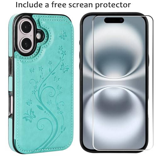 Wallet Case Compatible with iPhone 16 6.1”, Slim Protective Case with Card Holder,Premium PU Leather Kickstand Card Slots Case with Double Magnetic Clasp -Green - color: Green-F, size: iphone 16 6.1"