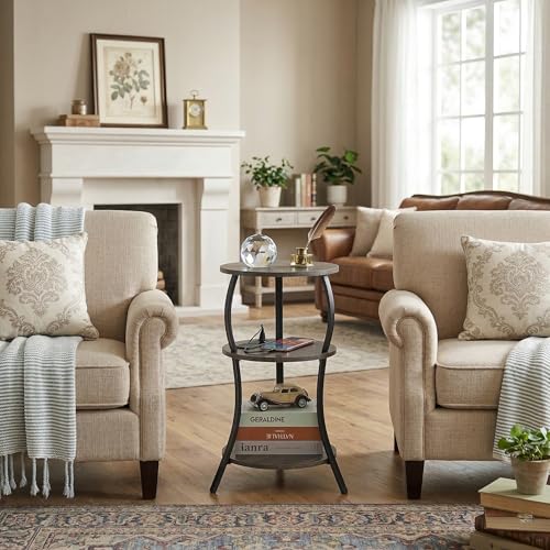 YEAKOO Small Side Table with Charging Station,3-Tier Round end Table - color: Grey, style: USB Charger