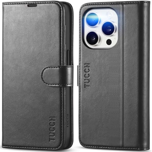 TUCCH Wallet Case for iPhone 15 Pro (6.1") 2023, 4 Card Holders, Black | RFID Blocking, Viewing Stand, Shockproof TPU Shell, PU Leather, Magnetic Closure, Protective Folio Flip Cover - color: Black