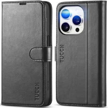 TUCCH Wallet Case for iPhone 15 Pro (6.1") 2023, 4 Card Holders, Black | RFID Blocking, Viewing Stand, Shockproof TPU Shell, PU Leather, Magnetic Closure, Protective Folio Flip Cover - color: Black