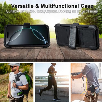 for Case iPhone 16 Pro Max Case with Belt Clip Holster Heavy Duty Black | Protective iPhone 16 ProMax Case Kickstand Shockproof Dustproof Port Sturdy Defender Cover for iPhone 16 Pro Max Cases Black - color: Black
