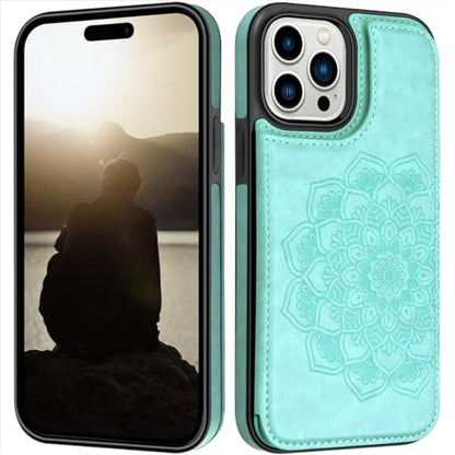 MMHUO iPhone 15 Pro Wallet Case With Card Holder, Flower Magnetic Back Flip Protective Case for Women, Mint - color: Mint, size: Iphone 15 Pro 6.1"-(S)(Three Cameras)