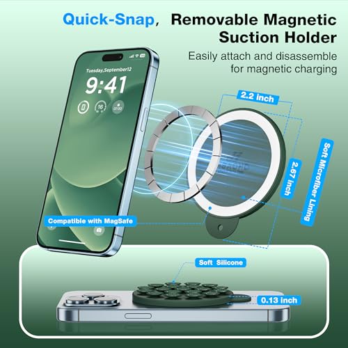 Magnetic Suction Cup Phone Mount, Compatible with MagSafe, Silicone Octo Cup Buddy Sticky Grip Holder for iPhone and Android, Removable Hands-Free Selfie/Video for TikTok, Alpine Green - color: Alpine Green