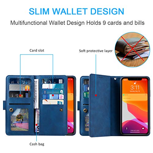 EYZUTAK Wallet Phone Case for Samsung Galaxy A15 4G/5G, Retro Matte 9 Card Holder Slots Zipper Pocket Handbag Case PU Leather Magnetic Closure Kickstand with Wrist Strap Flip Folio Purse Case - Blue - color: Blue, size: Samsung Galaxy A15 4G/5G