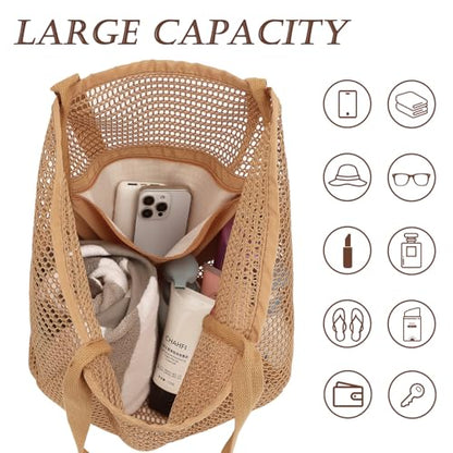 GYEUKHAM Mesh Beach Bag for Women, Sand-Resistant Pool Tote, 9 Pockets (1 Inner Zip), Foldable Family Travel Essentials - color: 2 Pockets-tan