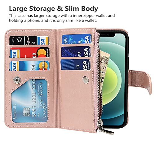 iCoverCase for iPhone 12 Mini Wallet Case with Card Holder and Wrist Strap, PU Leather Kickstand Card Slots Zipper Pocket Magnetic [Detachable] Flip Cover Case 5.4 Inch (Rose Gold) - color: Rose Gold