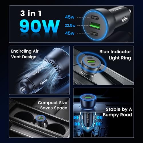 90W USB C Car Charger Multi Ports Adapter Fast Charging for iPhone Duo