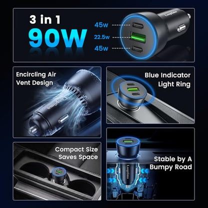 90W USB C Car Charger Multi Ports Adapter Fast Charging for iPhone Duo