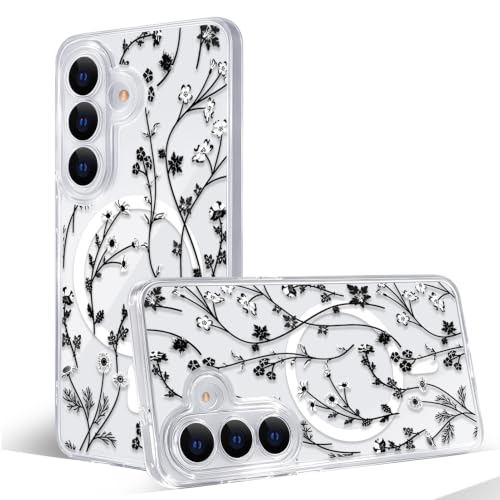 Magnetic Case for Samsung Galaxy S26 [Compatible with MagSafe] Cute Clear Flower Floral Case for Women Girls Soft TPU Bumper Hard PC Back Anti-Fall Shockproof Protective Slim Cover A10 - color: Flower Branch 3, size: Samsung Galaxy S26 Case
