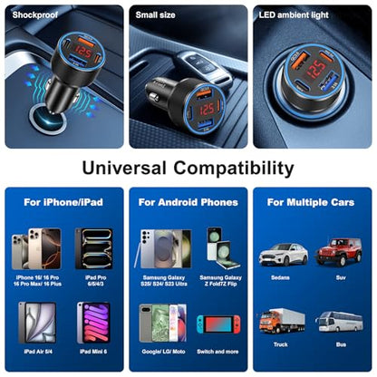 USB C Car Charger for iPhone 17, 65W 4-Port Voltmeter Car Charger Adapter - color: Black