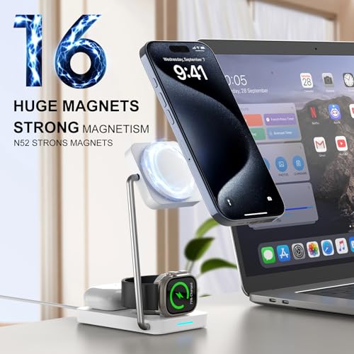 3 in 1 Wireless Charging Station, PD20W Foldable Magnetic Wireless Charger for Apple Devices iPhone 12-16 Series Apple Watch AirPods Pro (White)