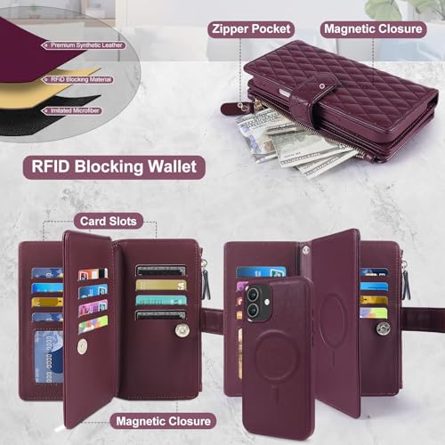 Harryshell 2 in 1 for iPhone 17 6.3 inch Wallet Case Magnetic Compatible with Magsafe RFID Blocking Card Holder Detachable Phone Cover Zipper Purse Kickstand Wrist Strap Men Women Quilted Burgundy - color: Quilted Burgundy, size: iPhone 17