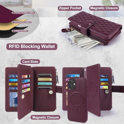 Harryshell 2 in 1 for iPhone 17 6.3 inch Wallet Case Magnetic Compatible with Magsafe RFID Blocking Card Holder Detachable Phone Cover Zipper Purse Kickstand Wrist Strap Men Women Quilted Burgundy - color: Quilted Burgundy, size: iPhone 17