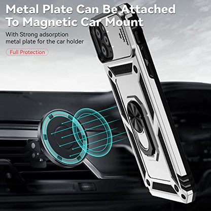 for iPhone 11 Pro Case with Camera Lens Cover HD Screen Protector, Dual Layer Military Grade Drop Protection Magnetic Ring Holder Kickstand Protective Phone Case for iPhone 11 Pro 5.8 inch (Silver) - color: Silver with camera cover Military-Grade 2nd gen